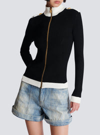 Cardigan zippé en maille à col montant - Noir & Blanc