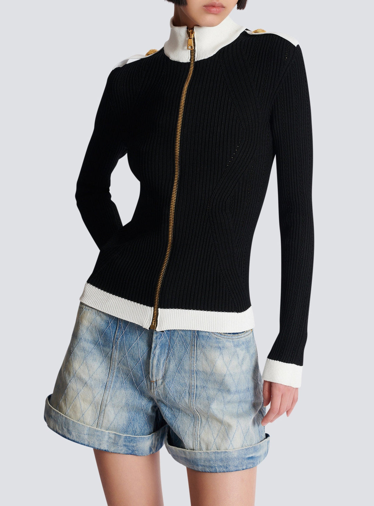 Cardigan zippé en maille à col montant - Noir & Blanc