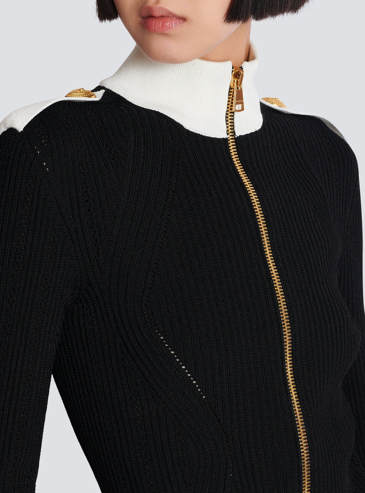 Cardigan zippé en maille à col montant - Noir & Blanc