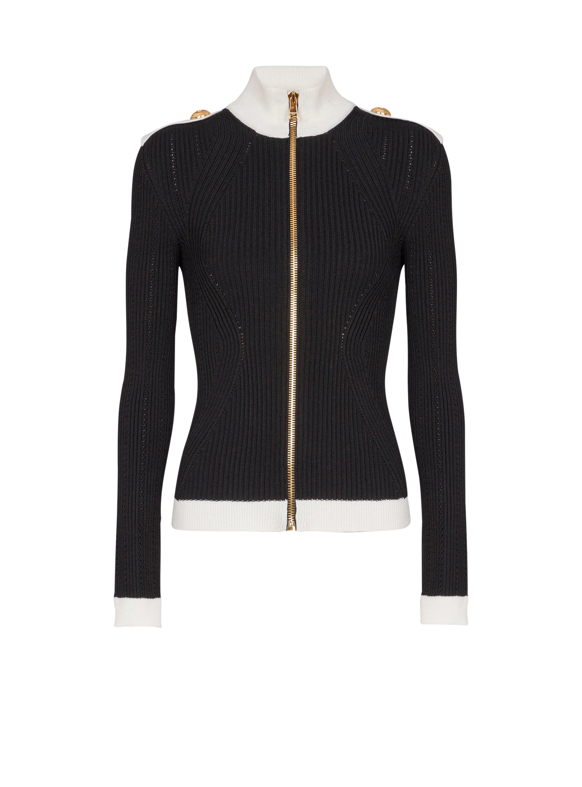 Cardigan zippé en maille à col montant  - Noir & Blanc