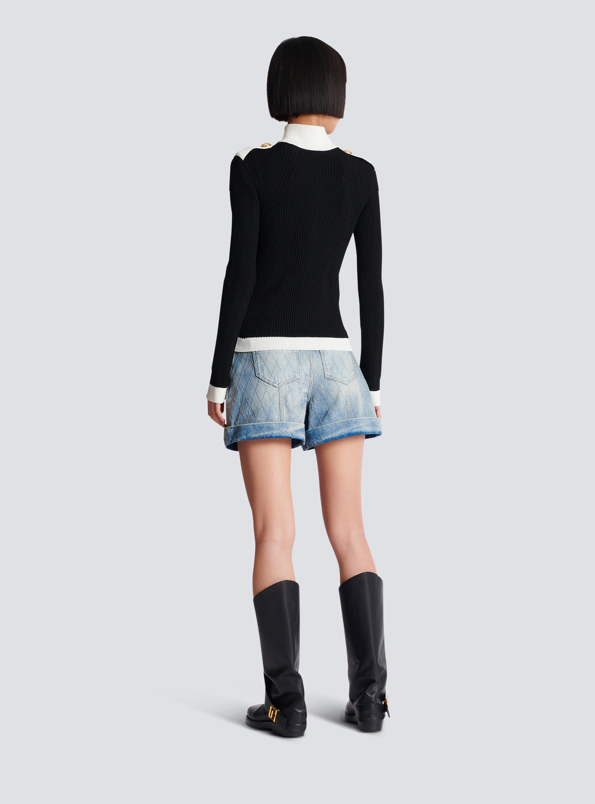 Cardigan zippé en maille à col montant  - Noir & Blanc