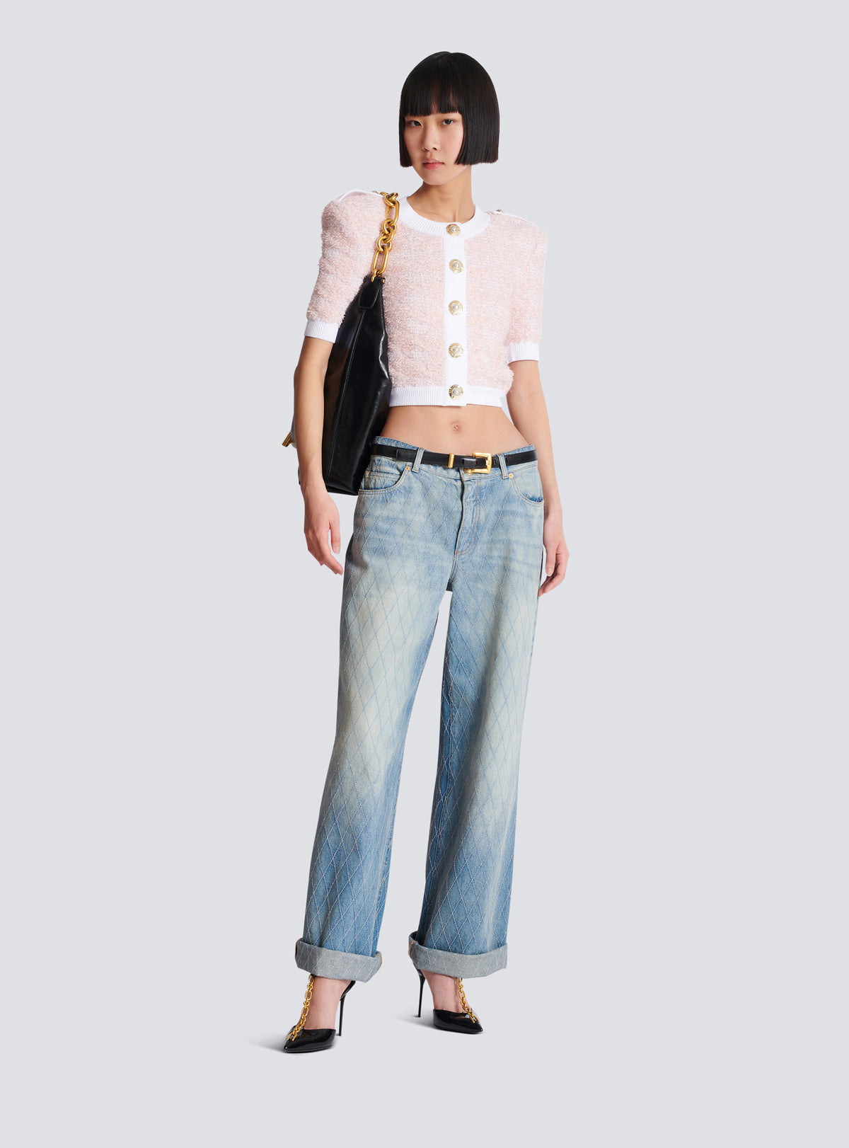 Cardigan à manches courtes en maille - Rose Pâle &  Blanc