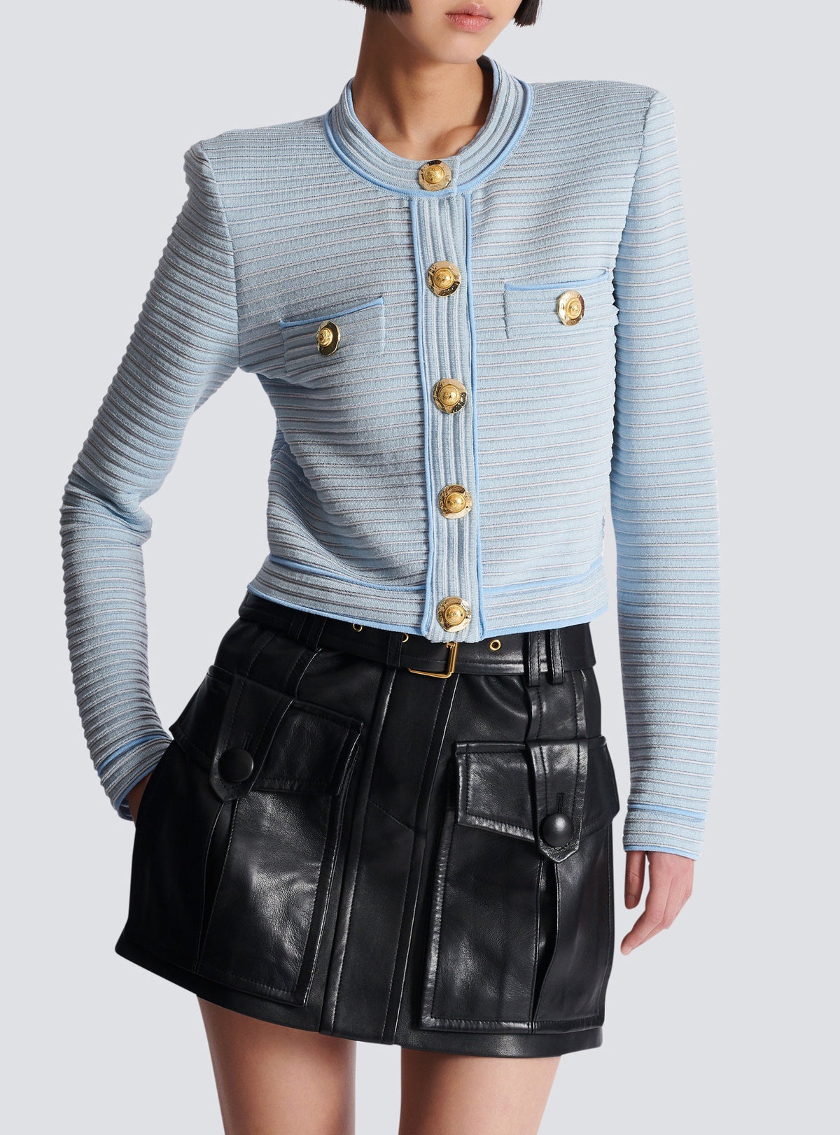 Long-sleeved knit cardigan - Blue & White