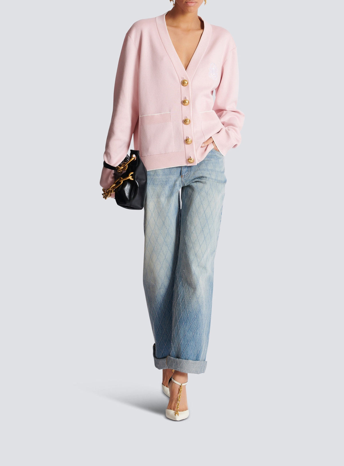 Cardigan brodé en soie - Rose Pâle & Blanc