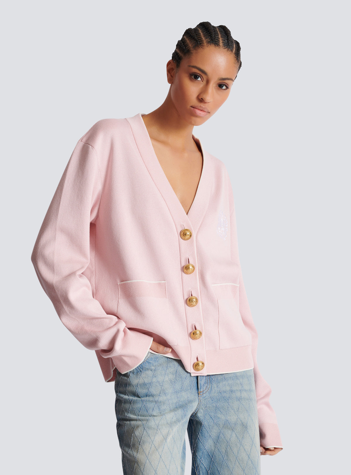 Cardigan en maille brodée balmain emblème - Rose Pâle &  Blanc