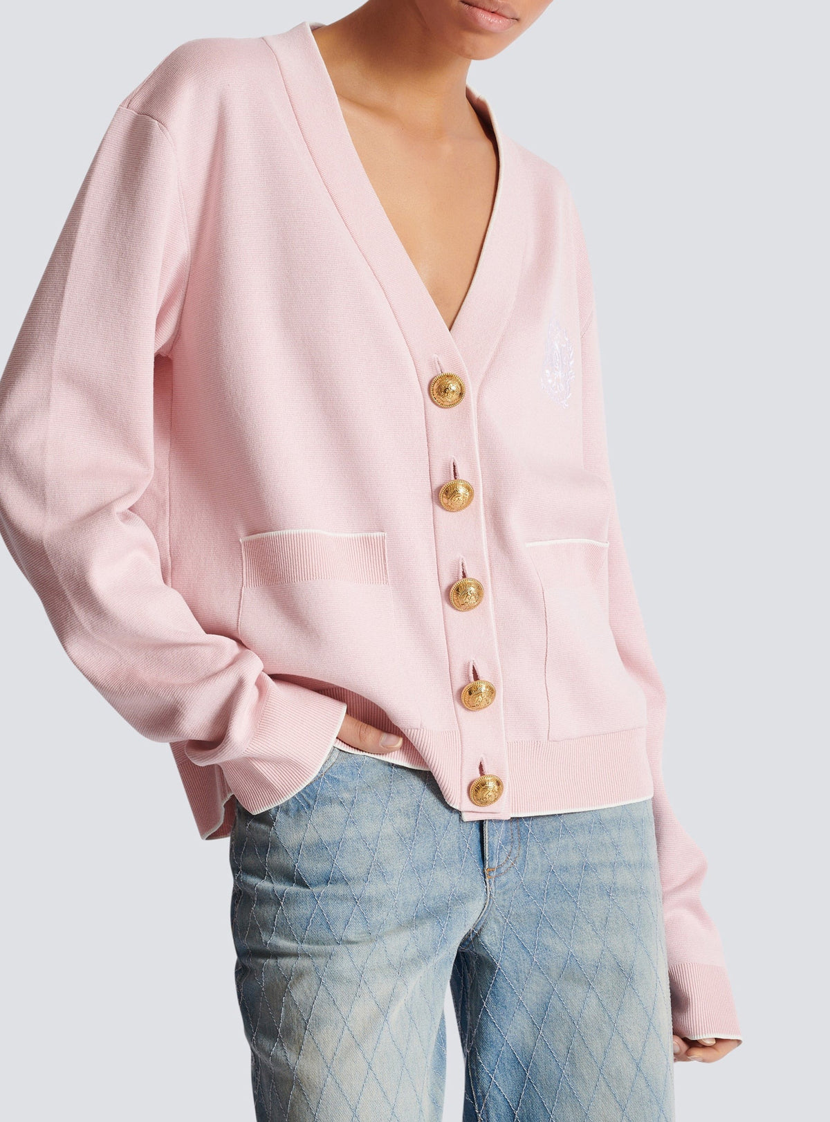 Cardigan brodé en soie - Rose Pâle & Blanc