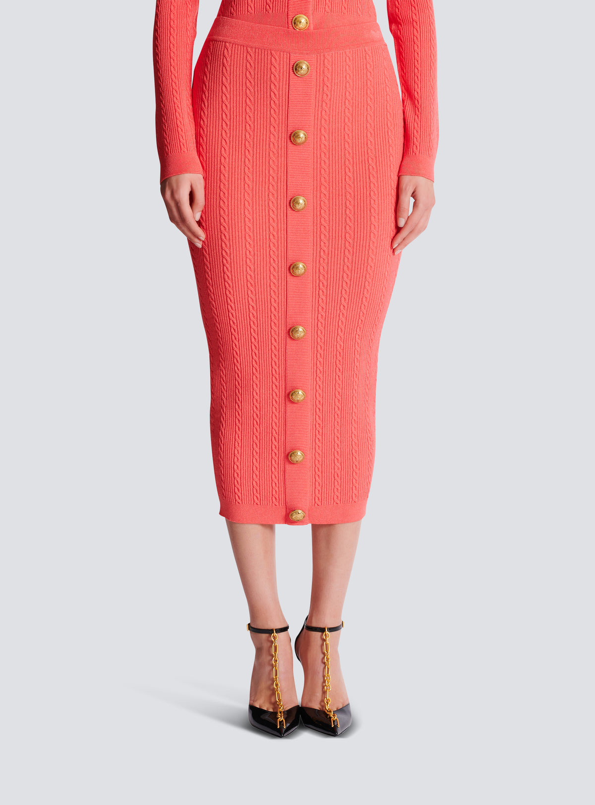 Jupe midi en maille torsadée - Rose Foncé