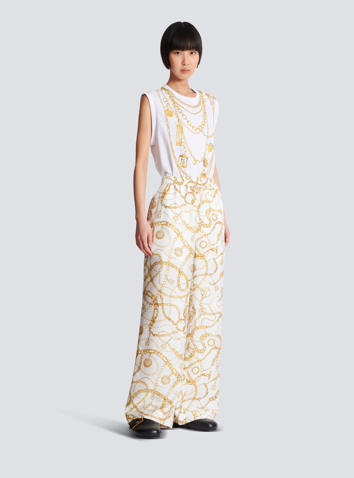 Pantalon fluide en soie imprimée motif balmain chaînes - Blanc & Or