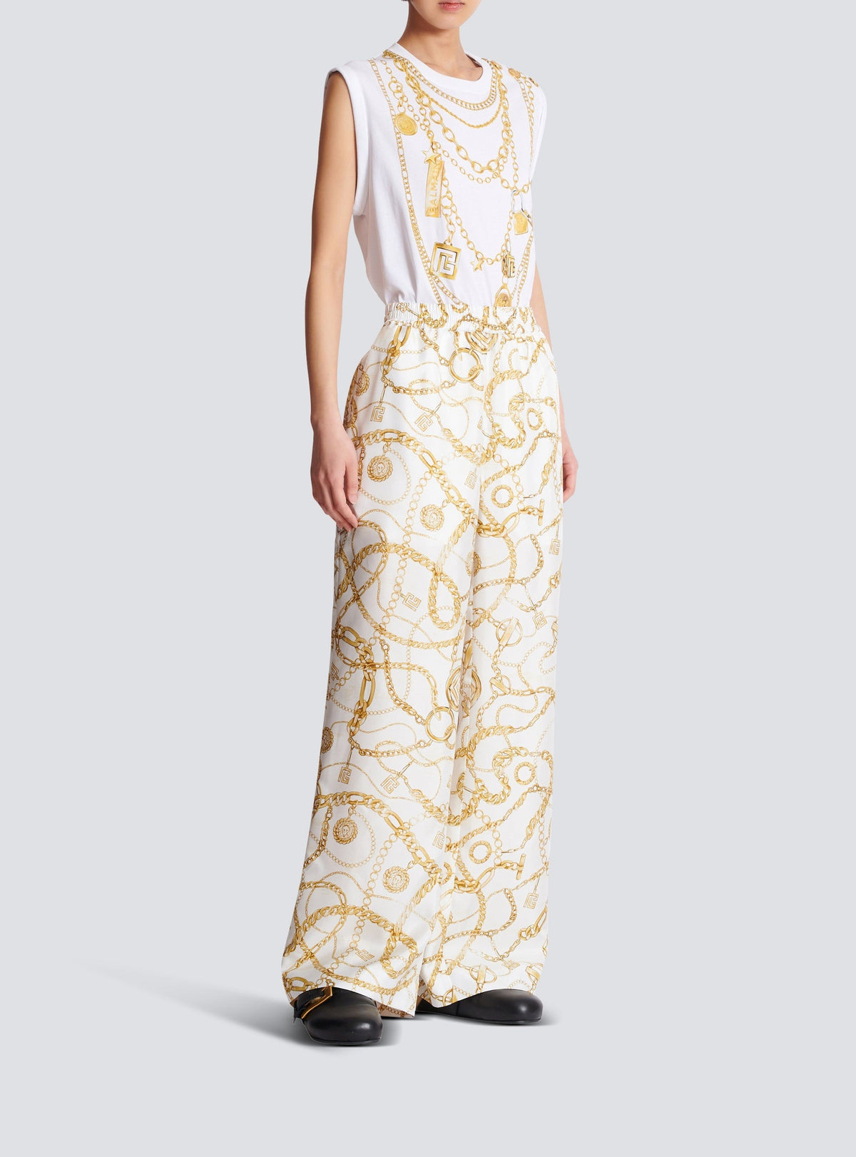 Pantalon fluide en soie - Blanc & Or