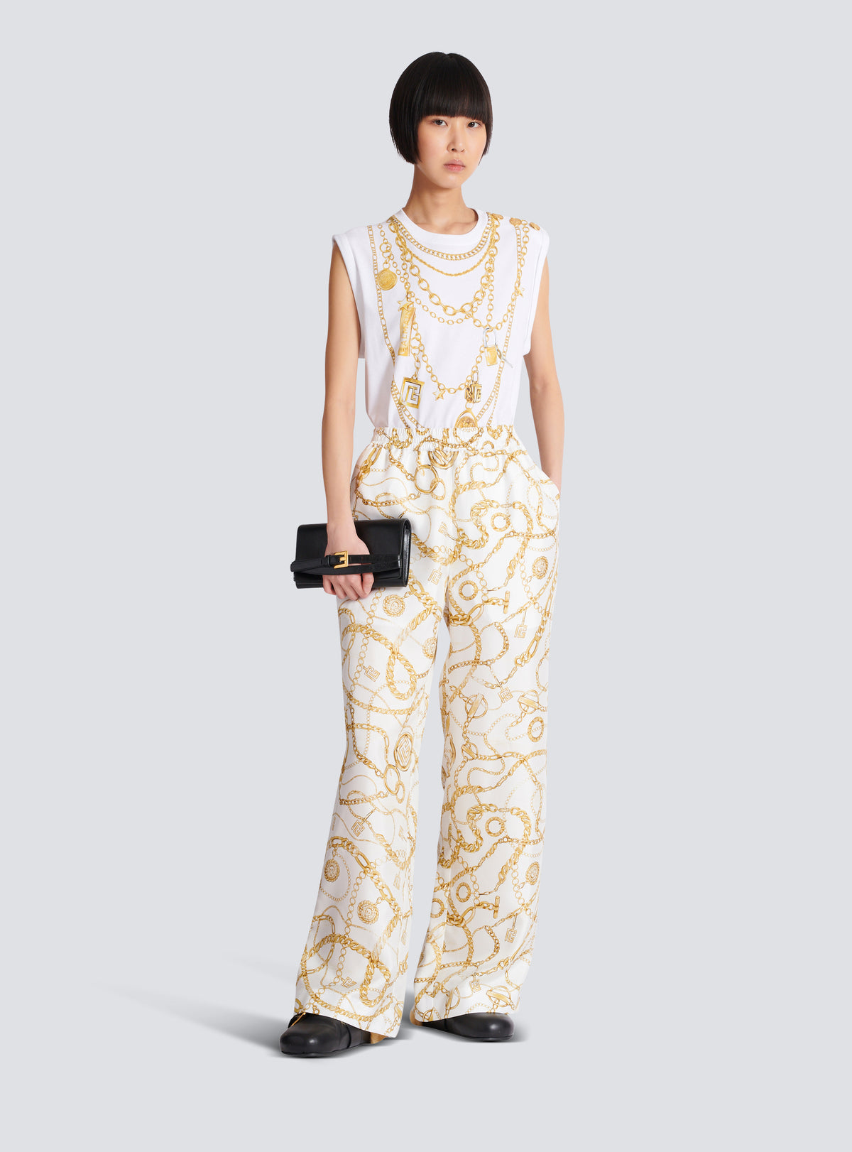 Pantalon fluide en soie imprimée motif balmain chaînes - Blanc & Or