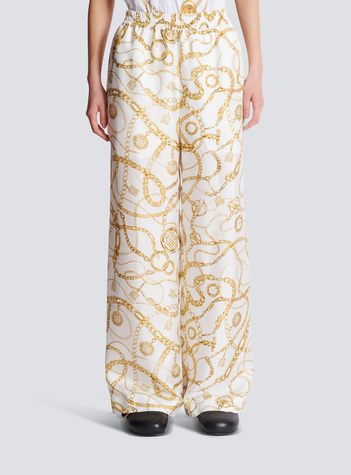 Pantalon fluide en soie imprimée motif balmain chaînes - Blanc & Or