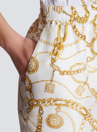 Pantalon fluide en soie imprimée motif balmain chaînes - Blanc & Or