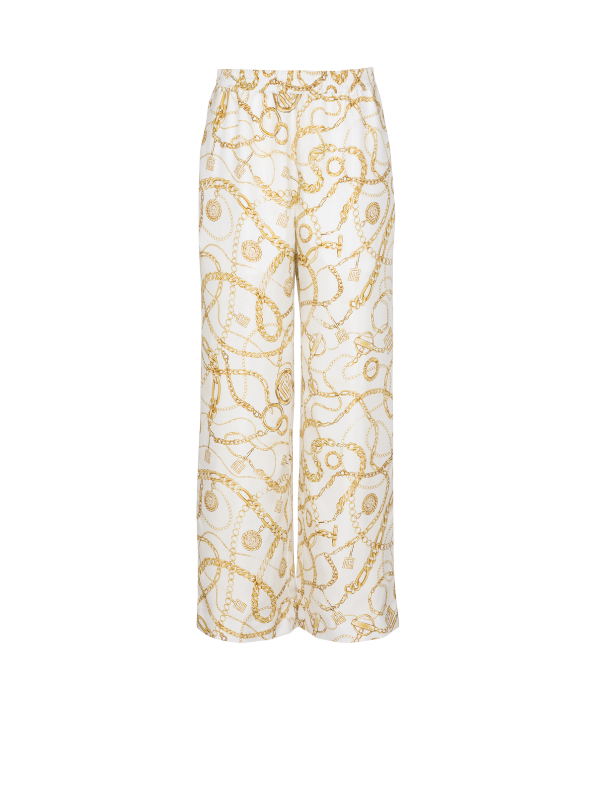 Pantalon fluide en soie imprimée motif balmain chaînes - Blanc & Or