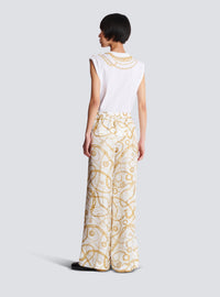 Pantalon fluide en soie imprimée motif balmain chaînes - Blanc & Or