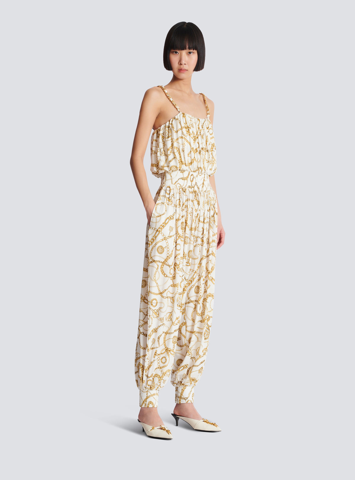 Combinaison fluide imprimée motif balmain chaînes - Blanc & Or