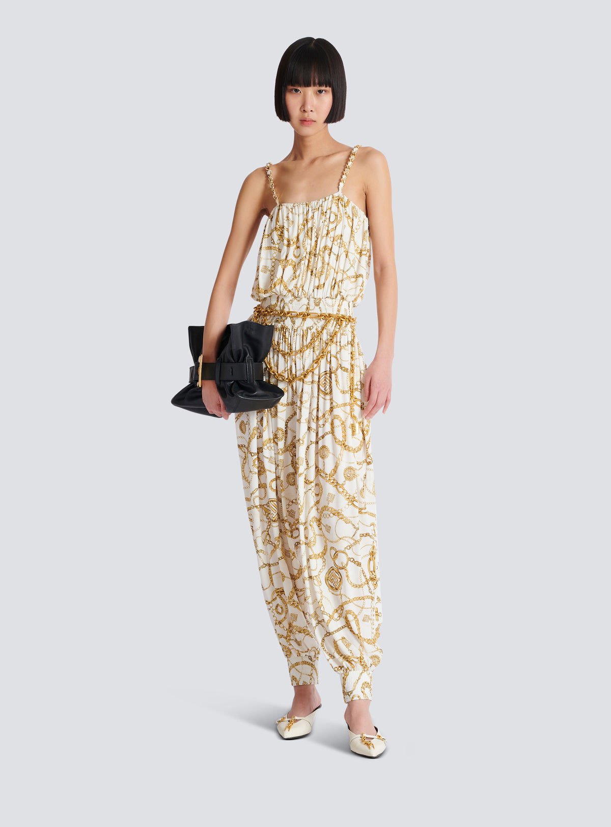 Combinaison fluide imprimée motif balmain chaînes - Blanc & Or