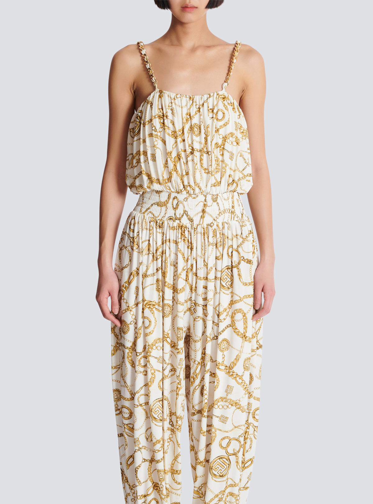 Combinaison fluide imprimée motif balmain chaînes - Blanc & Or