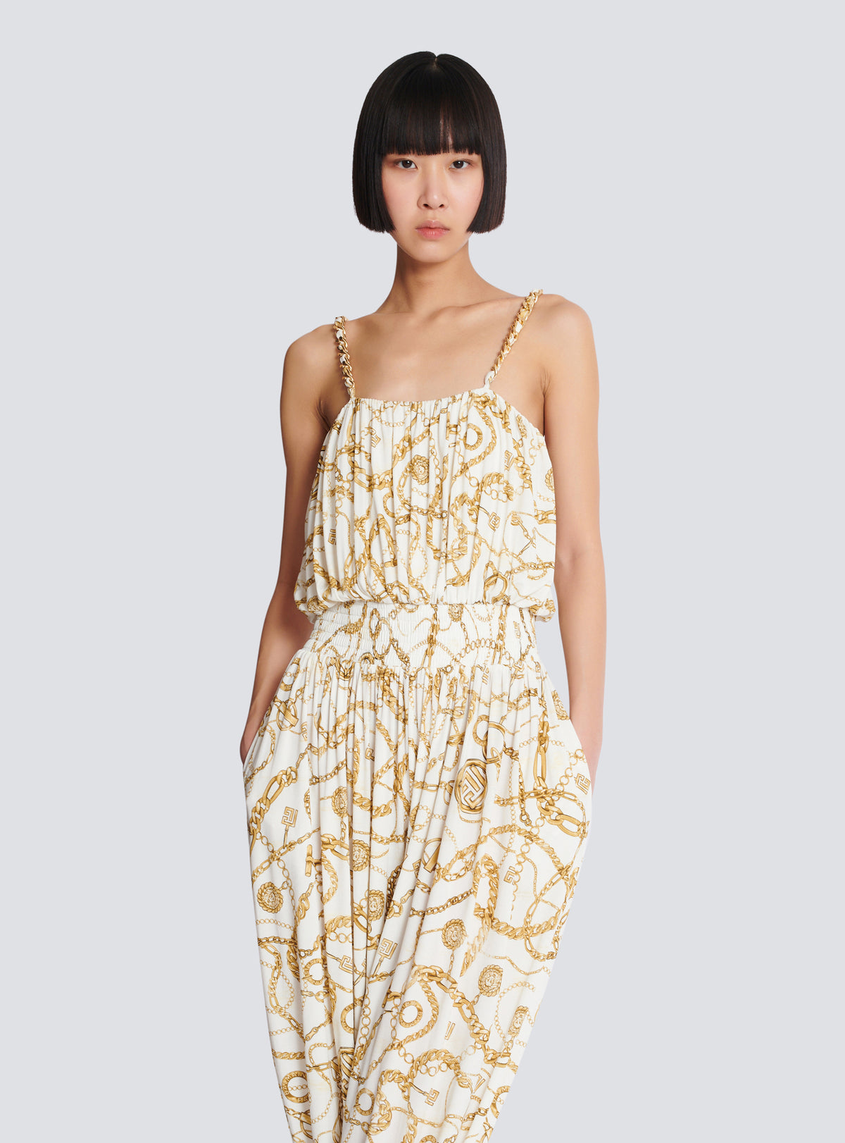 Combinaison fluide imprimée motif balmain chaînes - Blanc & Or