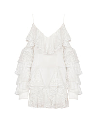 Robe courte fluide à volants en soie - Blanc & Blanc
