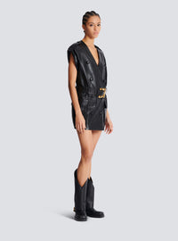 Robe courte ceinturée en cuir d'agneau - Noir