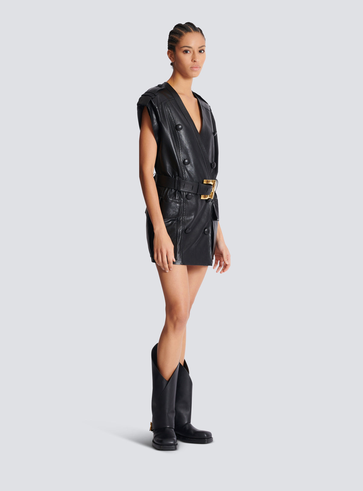 Robe courte ceinturée en cuir d'agneau - Noir