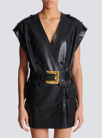 Robe courte ceinturée en cuir d'agneau - Noir