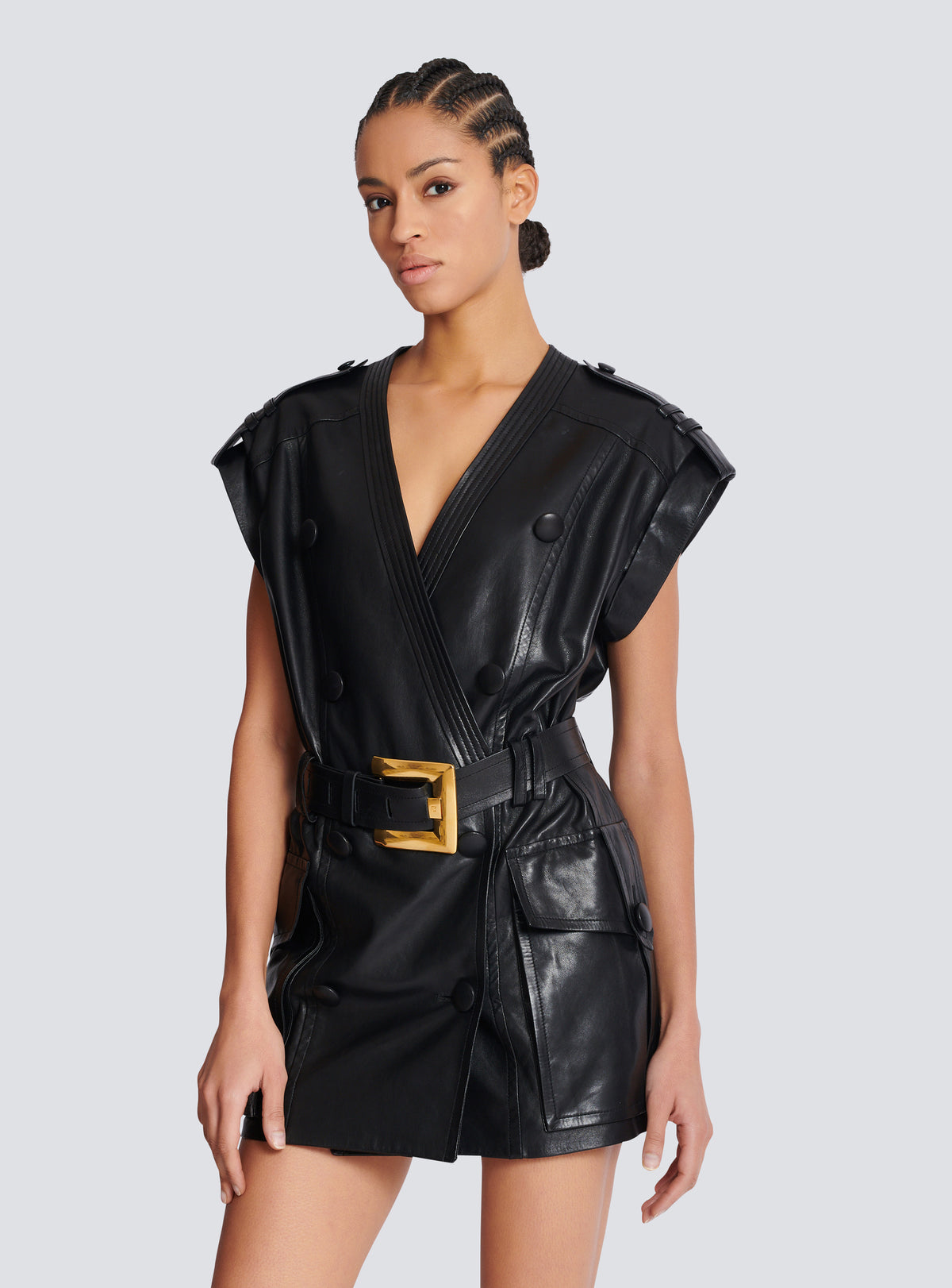 Robe courte ceinturée en cuir d'agneau - Noir