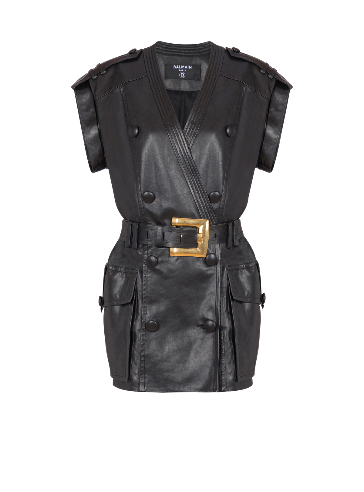 Robe courte ceinturée en cuir d'agneau - Noir