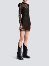 Short leopard-pattern lace dress - Black