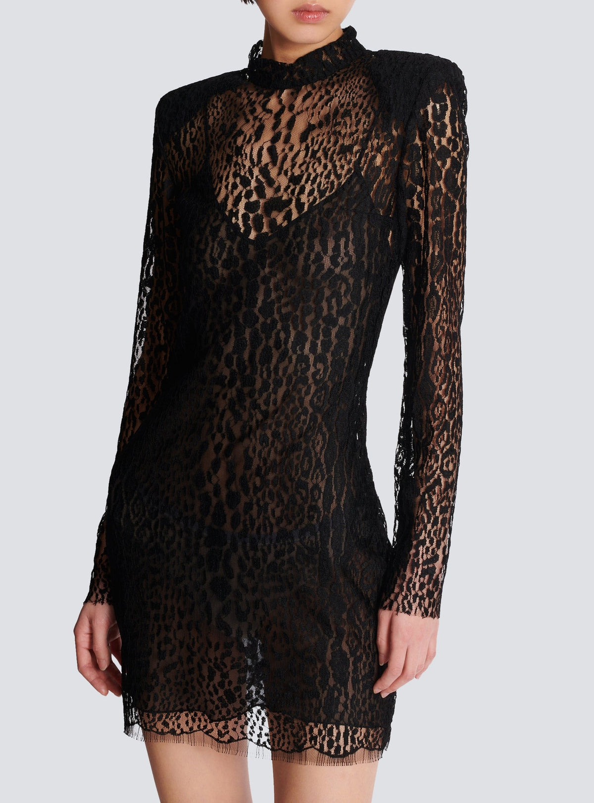 Short leopard-pattern lace dress - Black