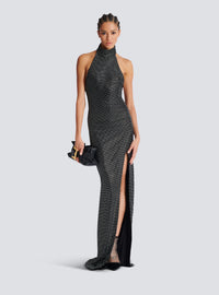 Robe longue dos-nu en velours strassé - Noir & Argent