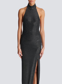 Robe longue dos-nu en velours strassé - Noir & Argent