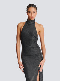 Robe longue dos-nu en velours strassé - Noir & Argent