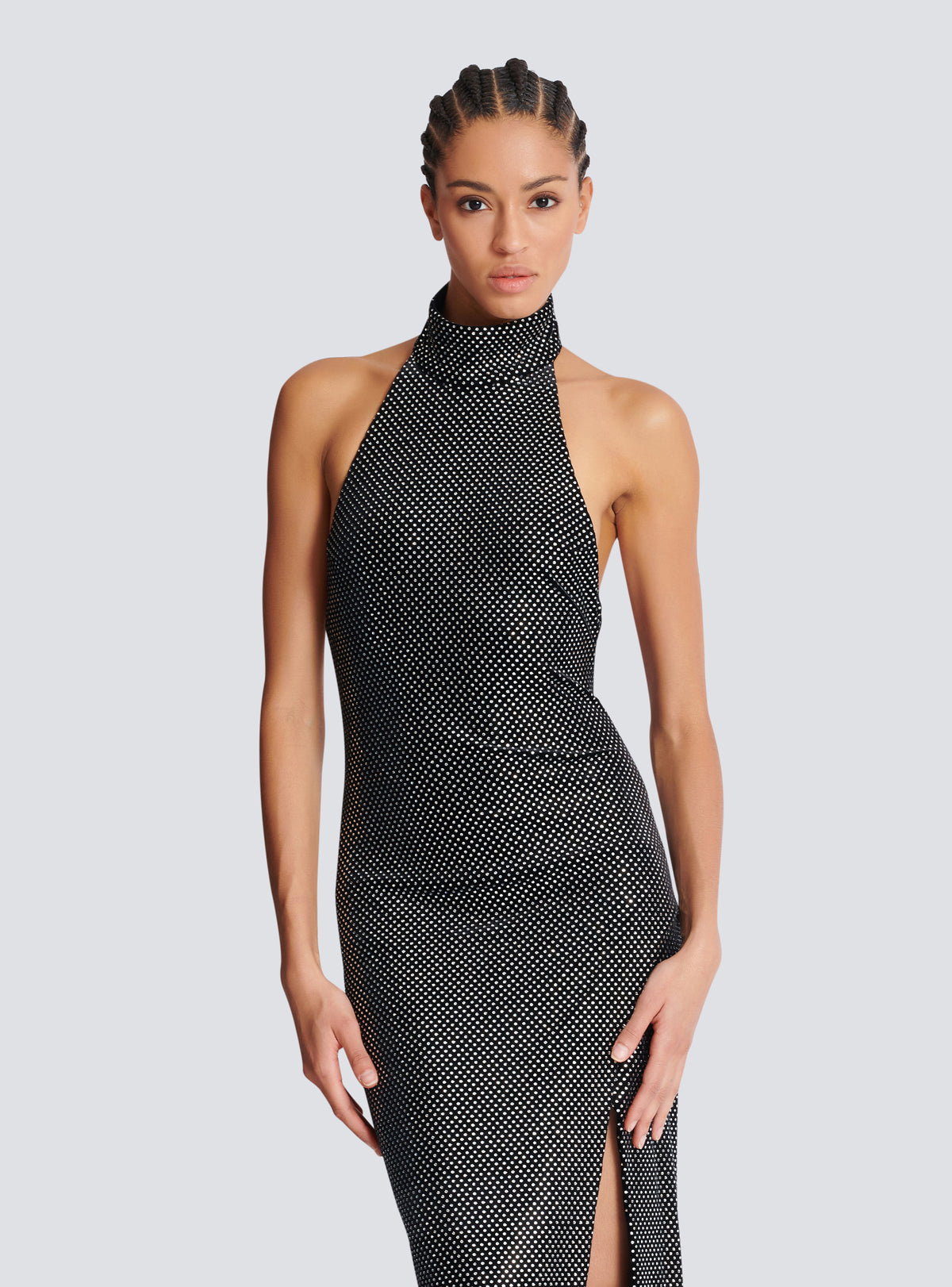 Robe longue dos-nu en velours strassé - Noir & Argent