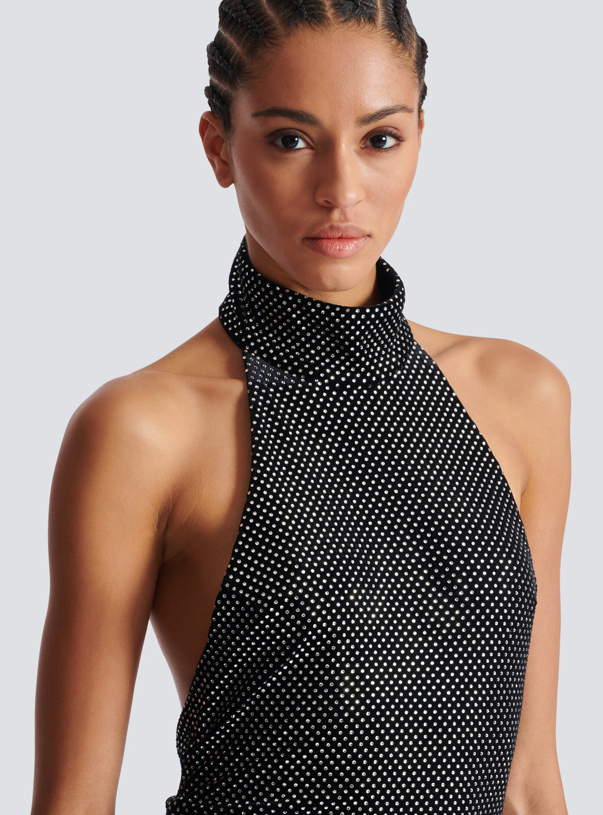 Robe longue dos-nu en velours strassé - Noir & Argent