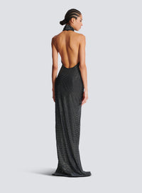 Robe longue dos-nu en velours strassé - Noir & Argent