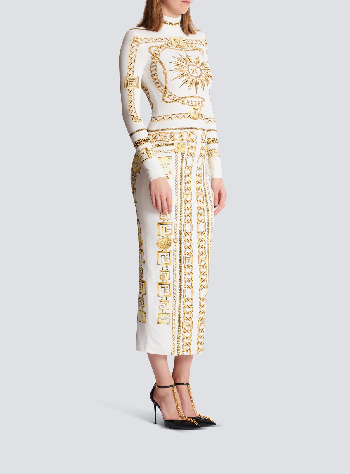 Robe longue imprimée motif foulard - Blanc & Or