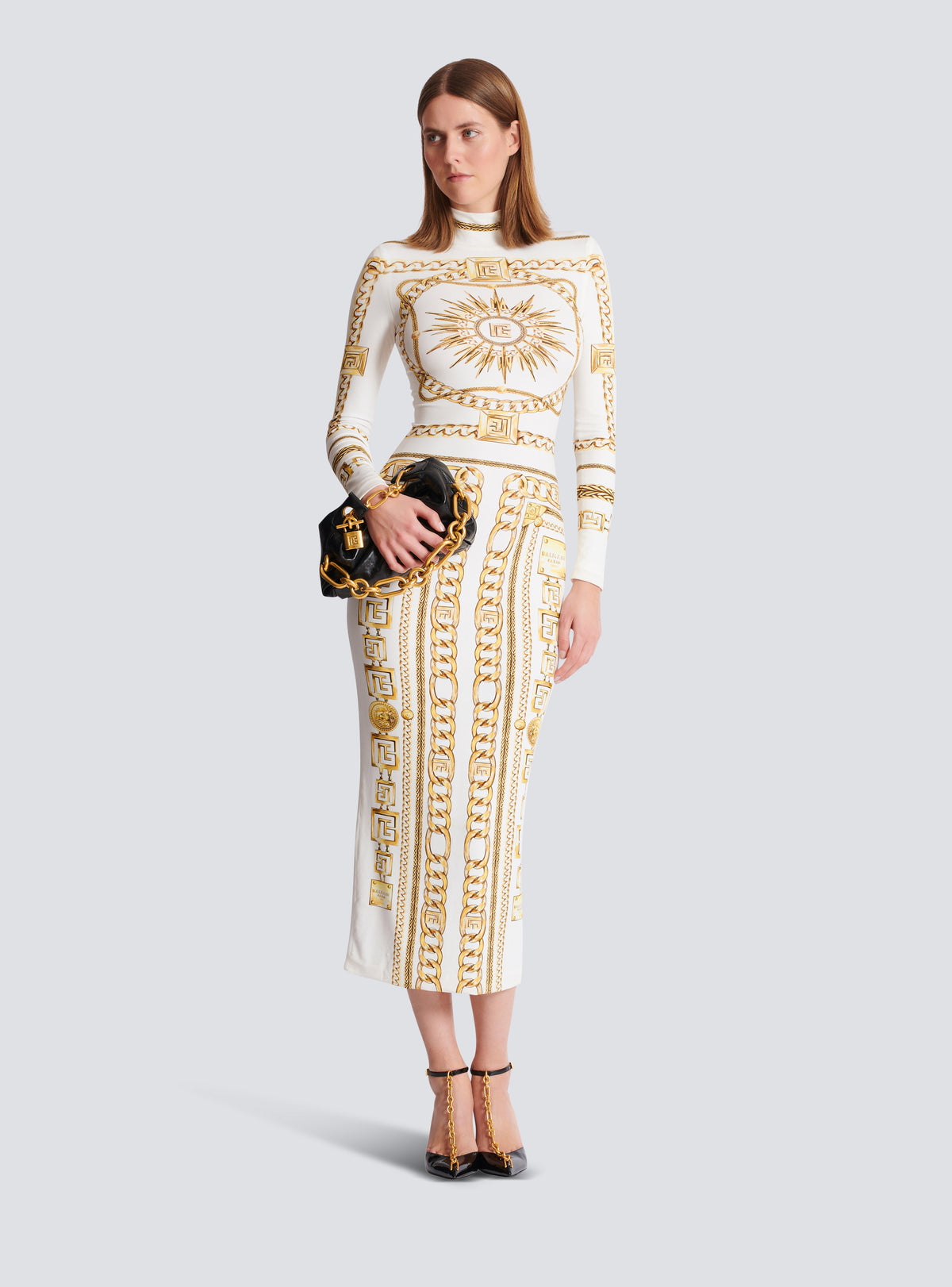 Robe bodycon longue imprimée motif balmain foulard - Blanc & Or