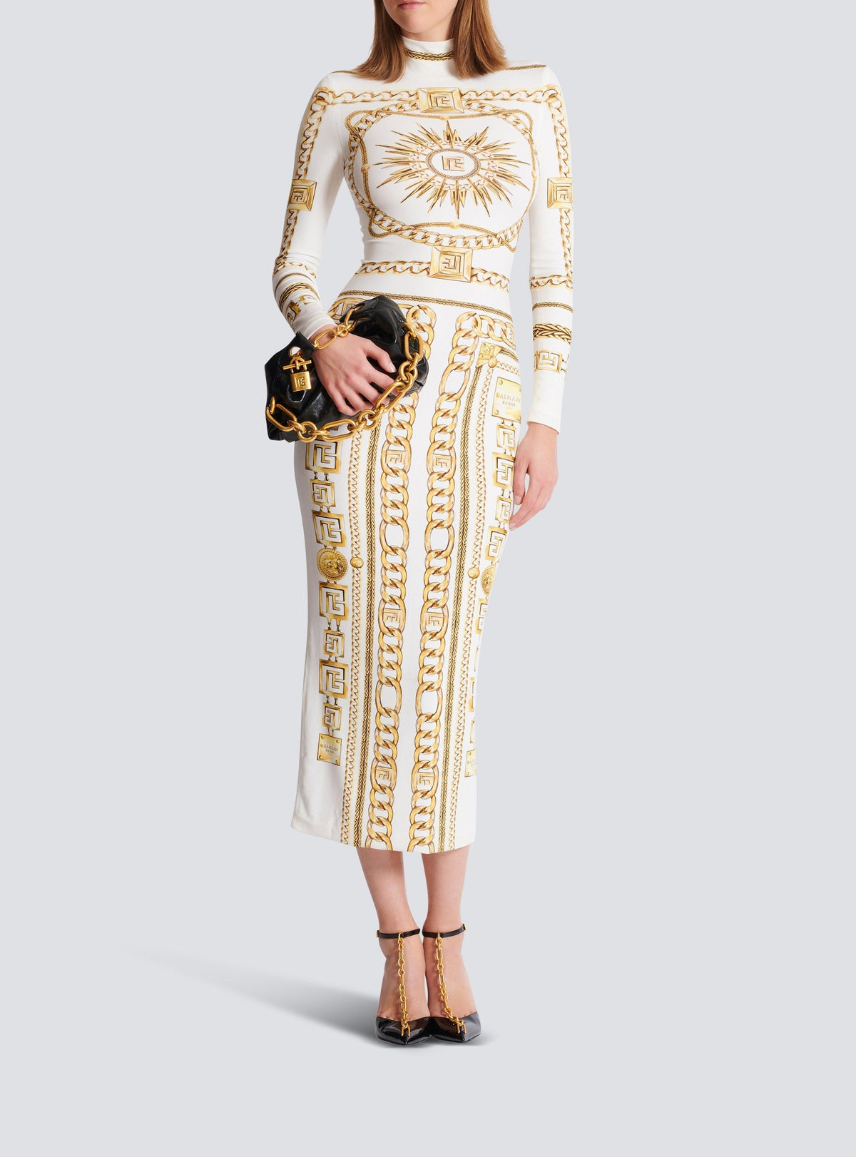 Robe longue imprimée motif foulard - Blanc & Or