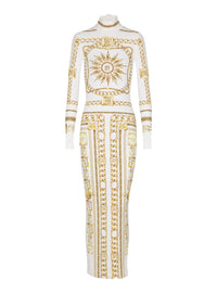 Robe longue imprimée motif foulard - Blanc & Or