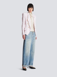 Veste en tweed à pois ajustée 6 boutons - Blanc & Rose
