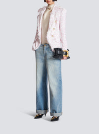 Fitted 6-button polka dot tweed jacket - White & Pink