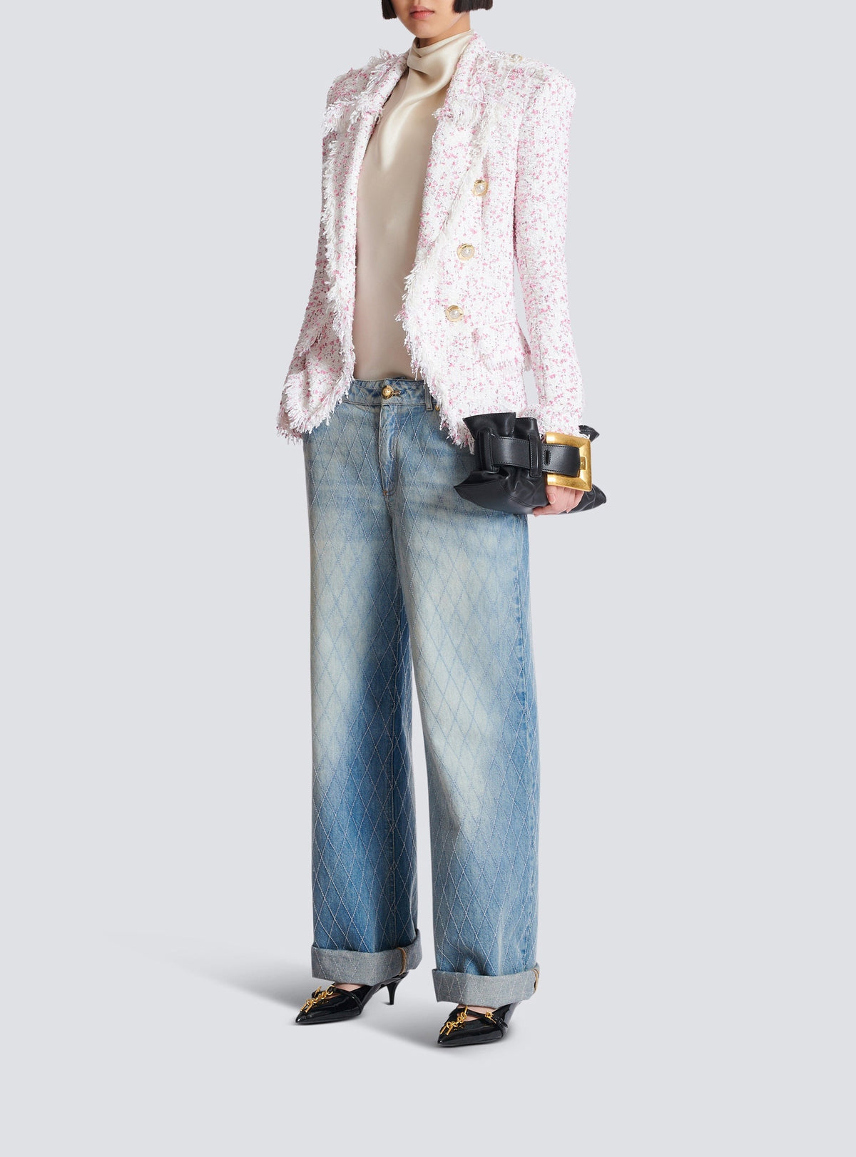 Fitted 6-button polka dot tweed jacket - White & Pink