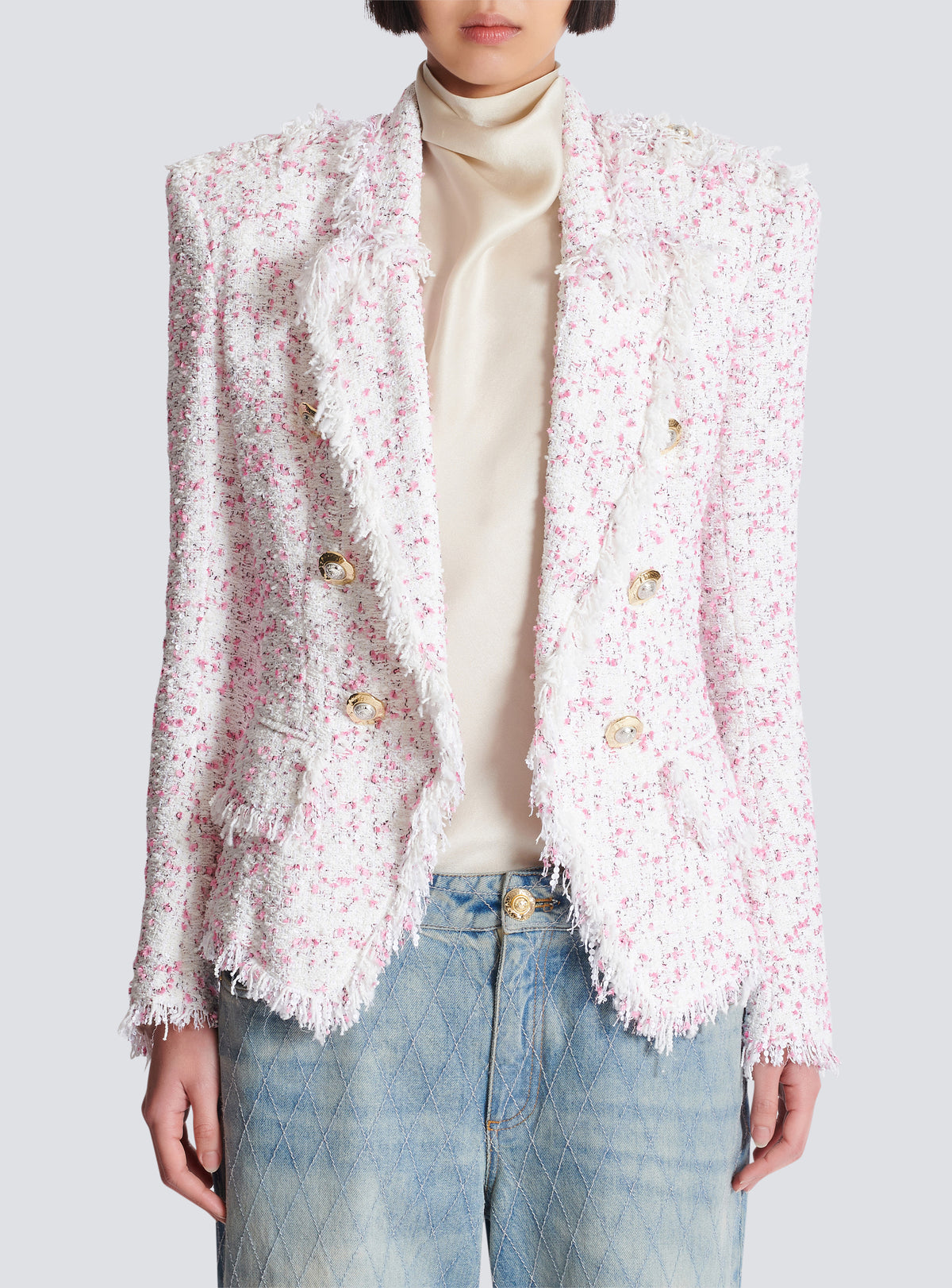 Veste en tweed à pois ajustée 6 boutons - Blanc & Rose