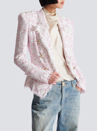 Fitted 6-button polka dot tweed jacket - White & Pink