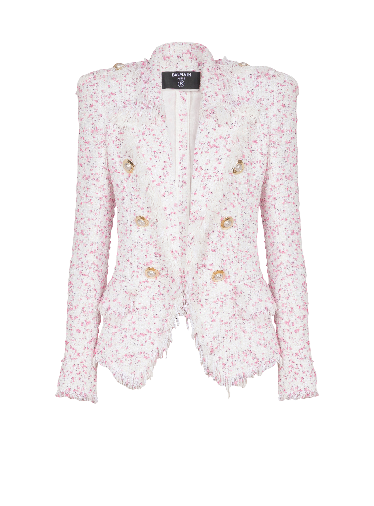Veste en tweed à pois ajustée 6 boutons - Blanc & Rose