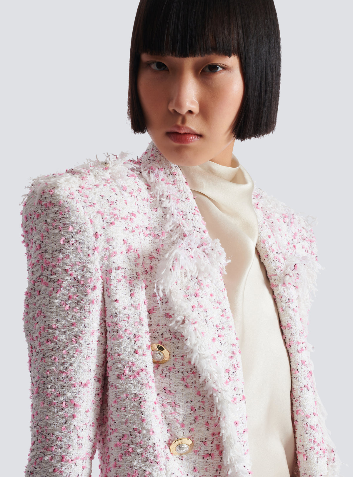 Veste en tweed à pois ajustée 6 boutons - Blanc & Rose