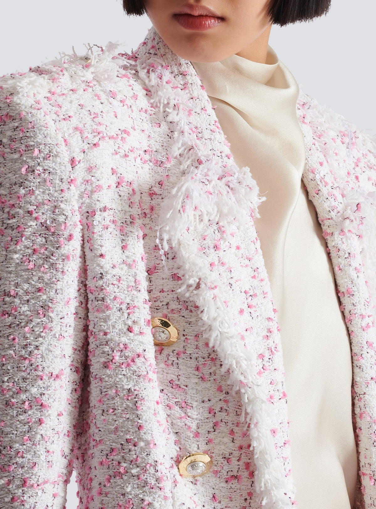 Fitted 6-button polka dot tweed jacket - White & Pink