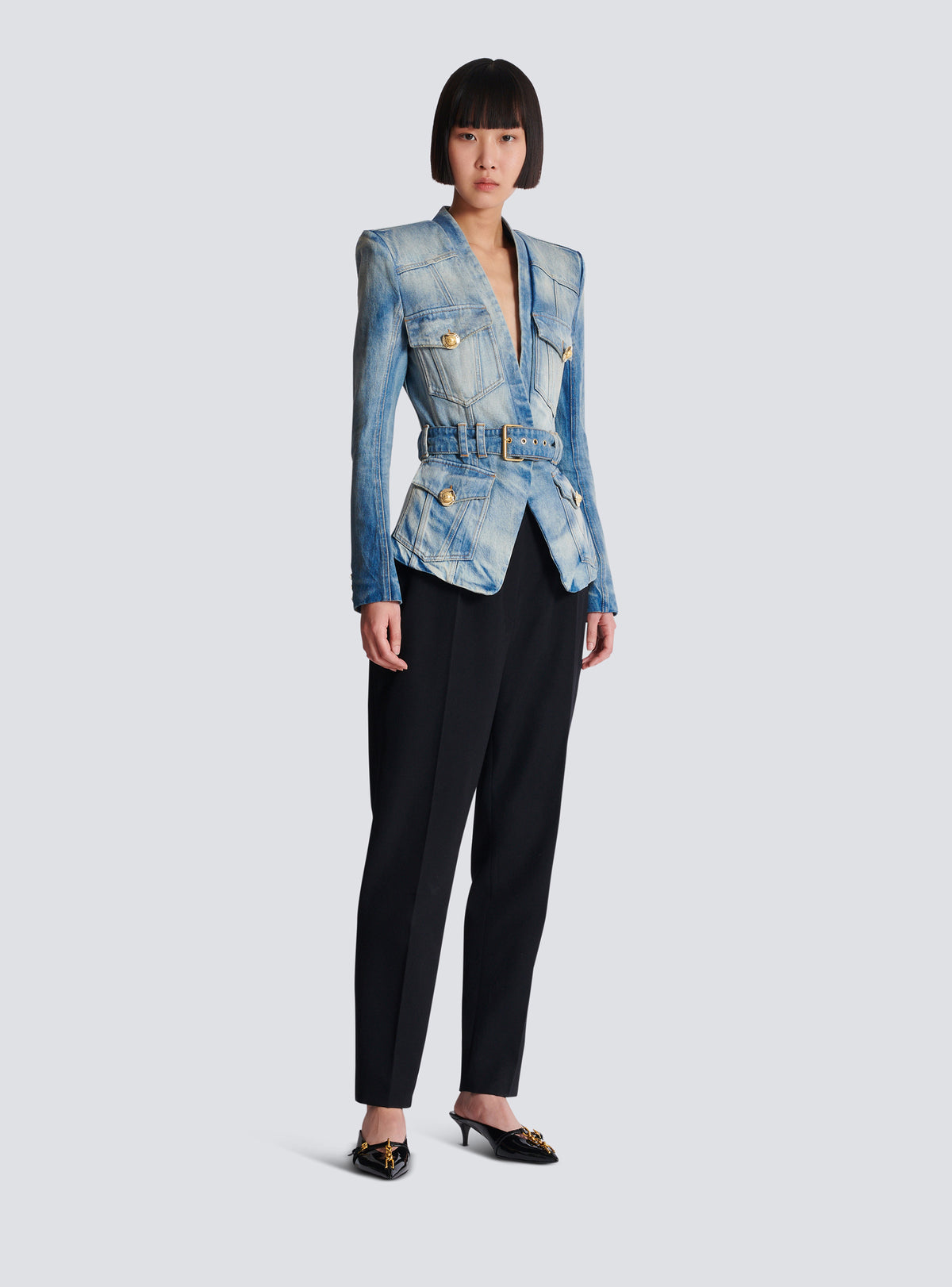 Veste 1 bouton ceinturée en denim - Bleu Jean Clair
