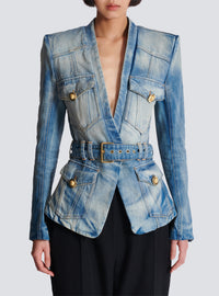 Veste 1 bouton ceinturée en denim - Bleu Jean Clair